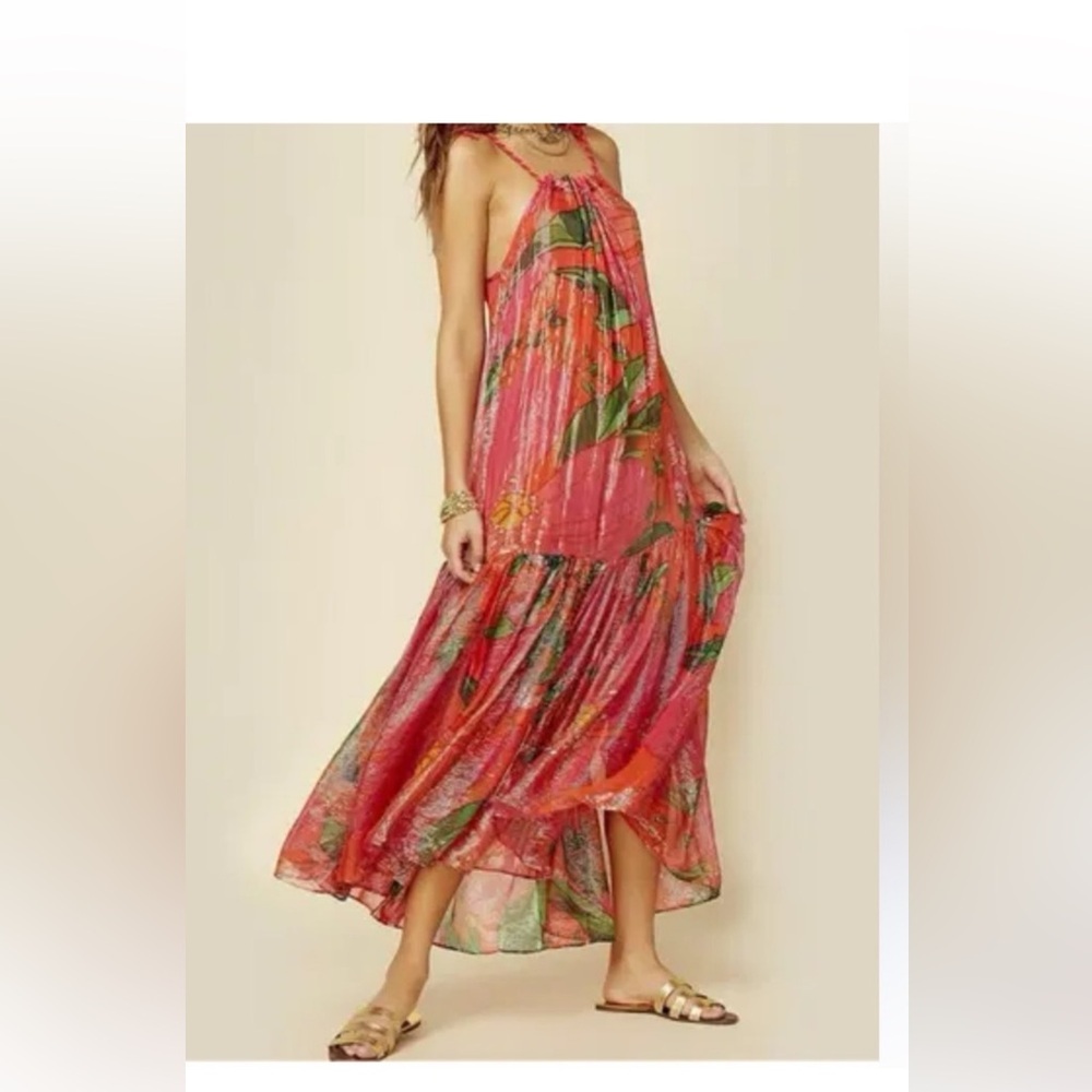 Farm Rio Pink Pietra Maxi Dress Red Silver Metallic Resort Vacation Small